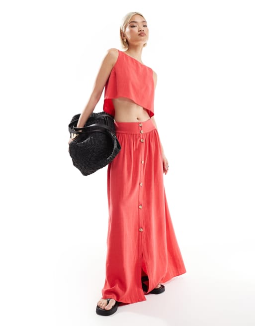 Top color coral sin mangas de mezcla de lino de ASOS DESIGN (parte de un conjunto)