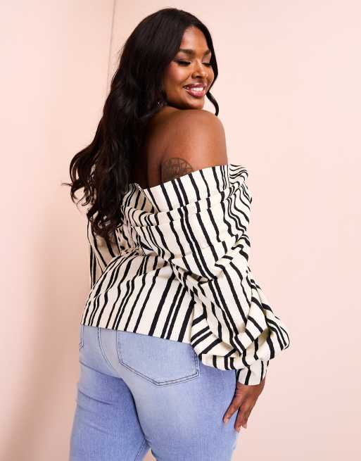 Top color crema a rayas negras con mangas voluminosas de popelina de algodón de ASOS LUXE Curve, 4 de 4