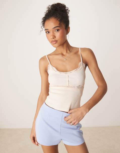 Top color crema acanalado de tirantes con detalle de botones y encaje de ASOS DESIGN - view 1