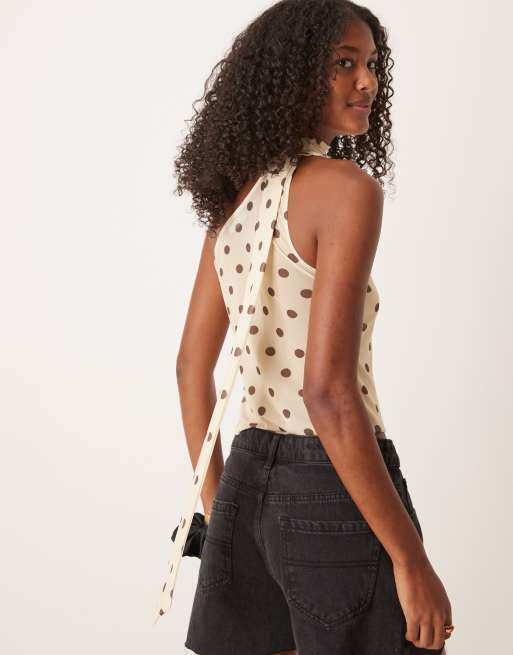 Top color crema asimétrico con estampado de lunares y detalle al cuello estilo fular de malla de ASOS DESIGN
