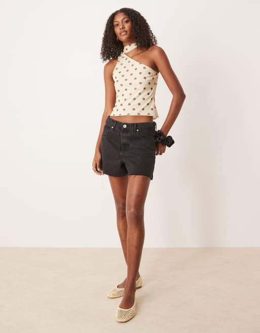 Top color crema asimétrico con estampado de lunares y detalle al cuello estilo fular de malla de ASOS DESIGN