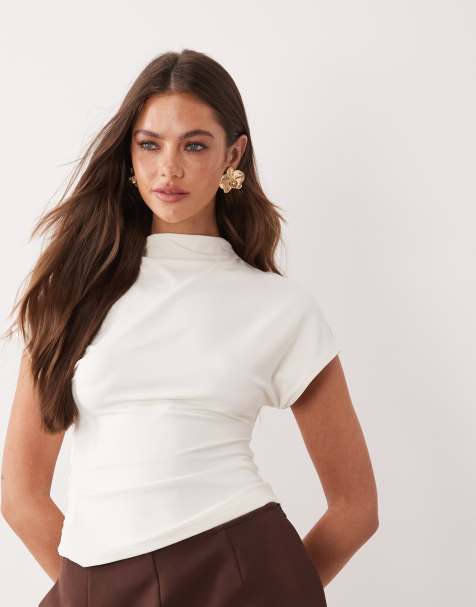 Top color crema con cuello alto, mangas de casquillo y detalle de herraje en la espalda de poliamida de ASOS DESIGN - view 1