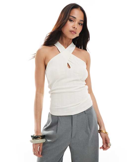 Top color crema con cuello halter retorcido de punto de Vero Moda