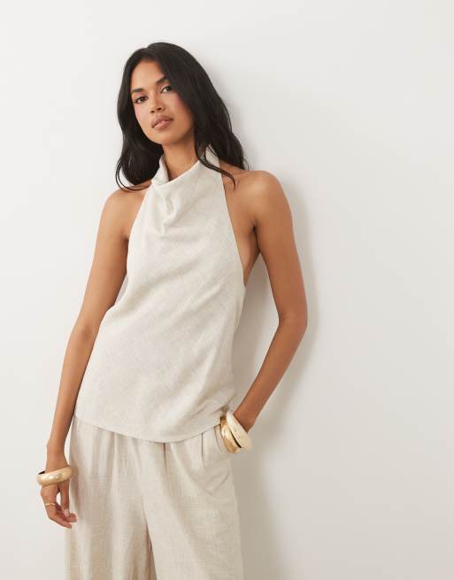 Top color crema con cuello halter y caída de mezcla de lino de ASOS DESIGN (parte de un conjunto), 2 de 3