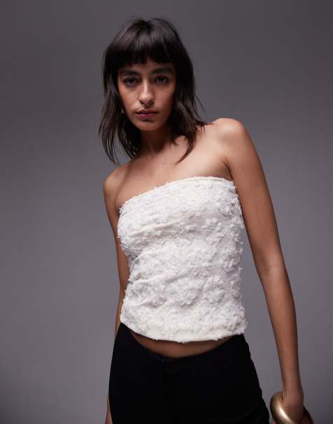Top color crema con diseño floral y escote palabra de honor de tejido texturizado de Topshop - view 1
