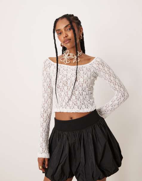 Top color crema con escote Bardot de encaje de ASOS DESIGN - view 1