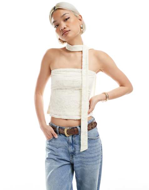 Top color crema con escote palabra de honor y detalle de pañuelo de devoré de tejido texturizado de Miss Selfridge - view 1