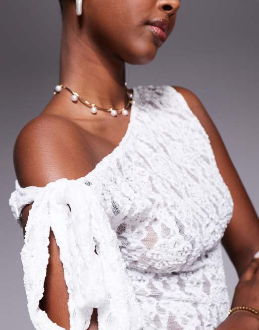 Top color crema con hombro caído con lazada de encaje transparente de ASOS DESIGN, 3 de 4