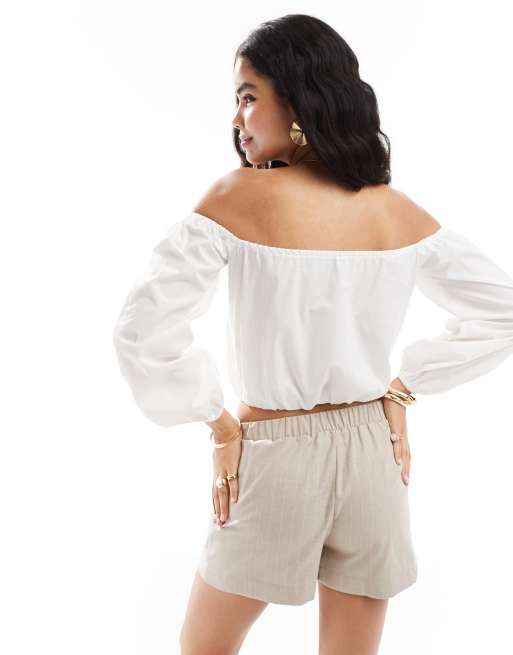 Top color crema con mangas blusón y escote Bardot de ASOS DESIGN, 3 de 4