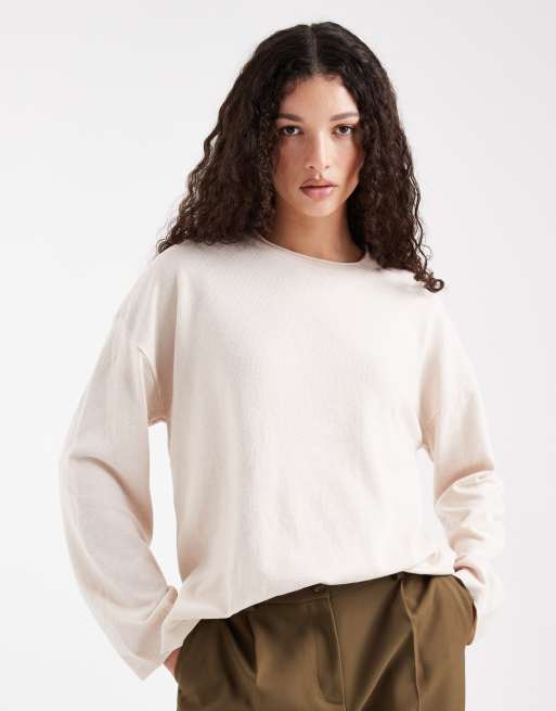 Top color crema de corte cuadrado con cuello redondo de punto de ONLY
