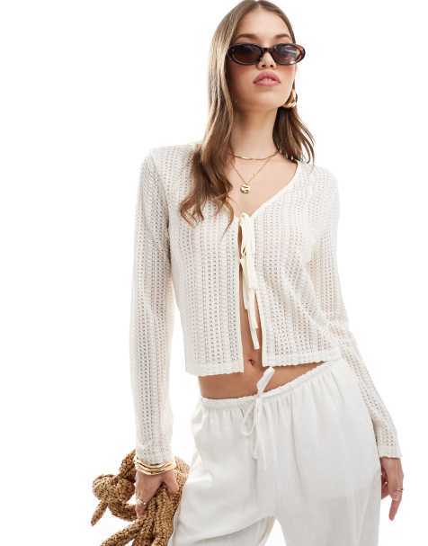 Top color crema de manga larga con lazada delantera de punto de Brave Soul - view 1
