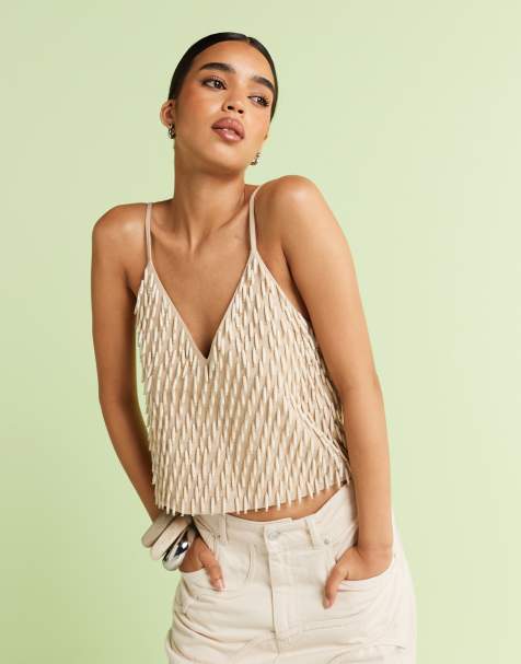 Top color crema de tirantes de lino con cuello de pico y diseño con abalorios de ASOS DESIGN - view 1