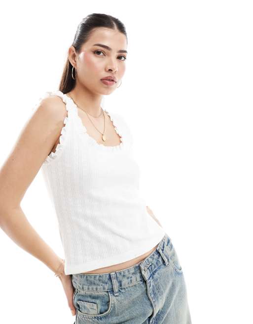 Top color crema de tirantes de punto pointelle con volantes de ASOS DESIGN