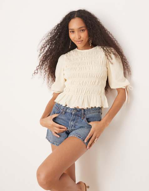 Top color crema fruncido con mangas y cintura fruncida de ASOS DESIGN - view 1