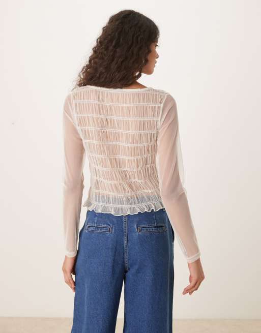 Top color crema fruncido de manga larga de tul de ASOS DESIGN, 3 de 4