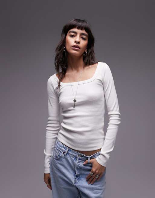 Top color crudo de manga larga con escote cuadrado de Topshop