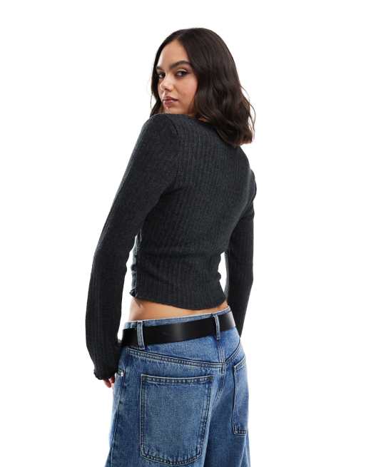 Top color ébano jaspeado cruzado de canalé muy suave de Cotton On, 3 de 4
