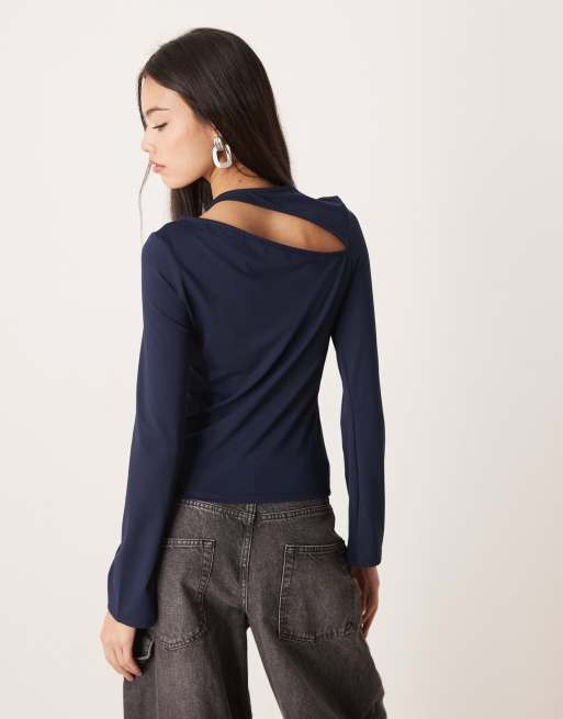 Top color higo de manga larga con detalle de abertura de tejido efecto algodón de ASOS DESIGN, 3 de 4