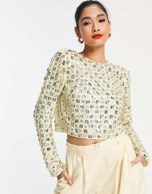 Top color lima de manga larga adornado con detalle anudado en la espalda y lentejuelas grandes de ASOS DESIGN