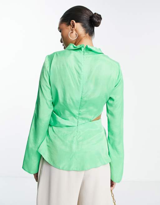 Top color lima drapeado de manga larga con abertura premium de Topshop, 2 de 4