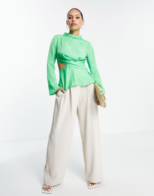 Top color lima drapeado de manga larga con abertura premium de Topshop, 4 de 4