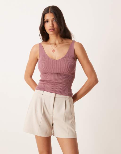 Top color malva de tirantes con cuello de pico de punto de JDY
