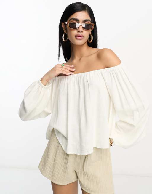 Top color marfil con escote Bardot de lino de ASOS DESIGN 