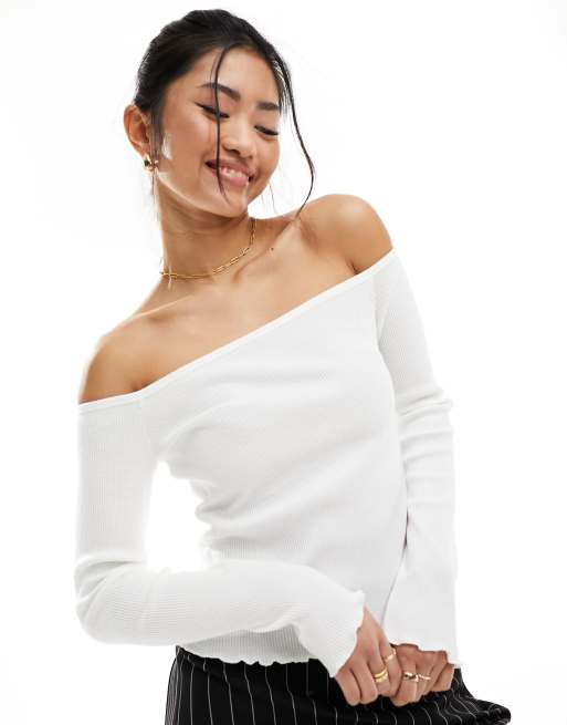 Top color marfil con escote Bardot de punto de arroz de ASOS DESIGN