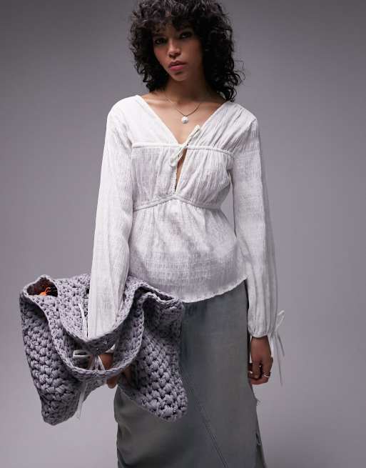 Top color marfil con lazada en la parte delantera de algodón de Topshop 