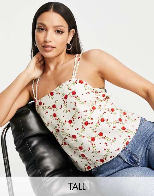 Top color marfil de tirantes con estampado de rosas y escote cuadrado de Topshop Tall 