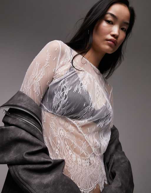 Top color marfil transparente de manga larga de puntilla de Topshop