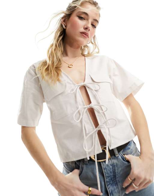 Top color marfil utilitario con lazadas de lino de ASOS DESIGN