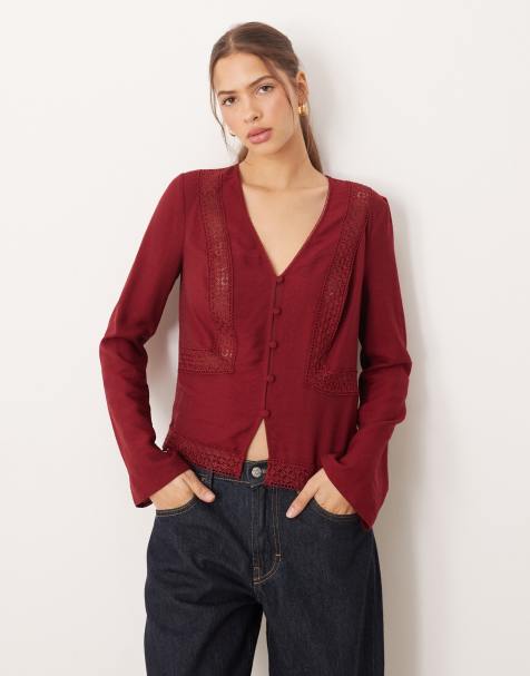 Top color mora de manga larga con ribete de encaje de ASOS DESIGN - view 1