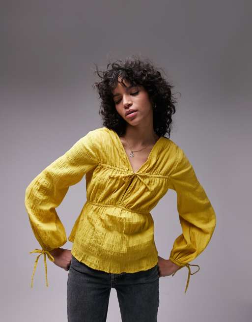 Top color mostaza con lazada delantera de algodón de Topshop 