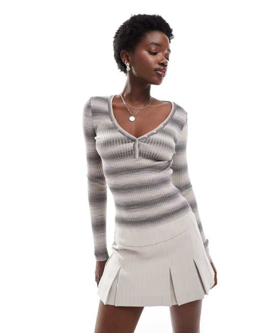 Top color musgo marino de manga larga con cuello panadero y patrón degradado de hilos mezclados de punto de canalé de Cotton On