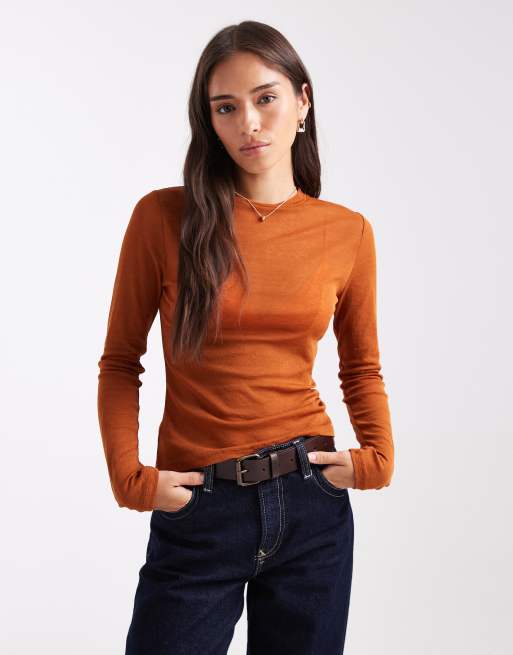 Top color óxido transparente muy entallado de manga larga de malla efecto gasa de ASOS DESIGN