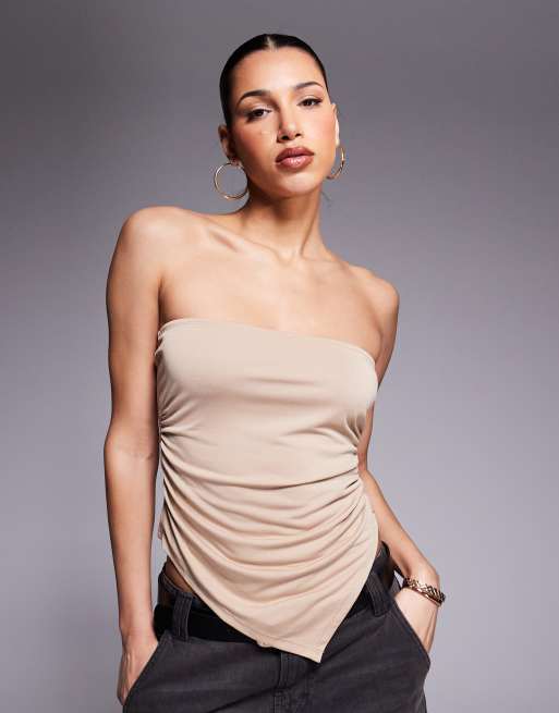 Top color piedra con escote palabra de honor, bajo asimétrico y laterales fruncidos de tejido suave de ASOS DESIGN (parte de un conjunto)