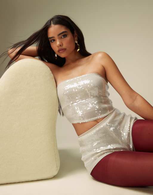 Top color piedra con escote palabra de honor de lentejuelas de ASOS DESIGN