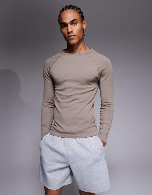 Top color piedra de manga larga raglán y corte slim de canalé sin costuras de 4505