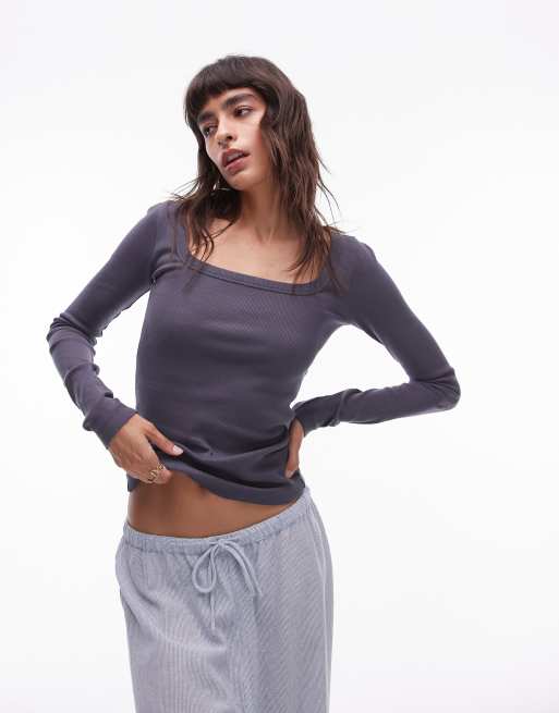 Top color pizarra de manga larga con escote cuadrado de Topshop