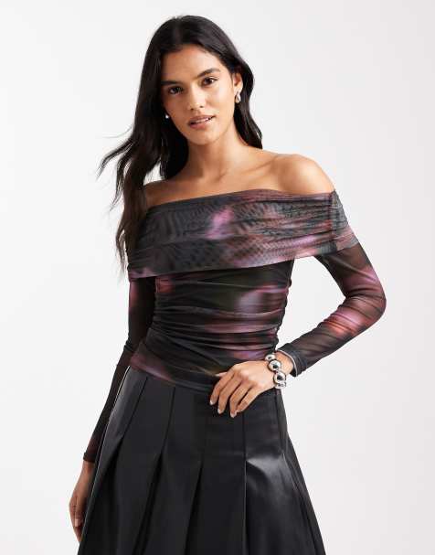 Top color roble oscuro con escote Bardot de malla Ashley de Cotton On - view 1