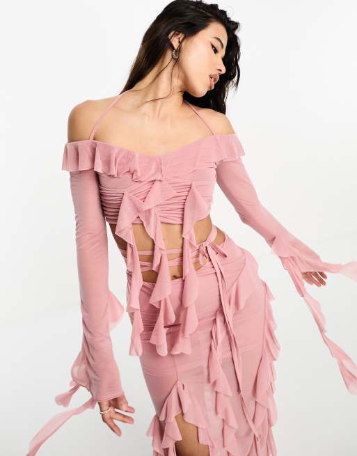 Top color rubor con volantes grandes de malla de ASOS DESIGN (parte de un conjunto)