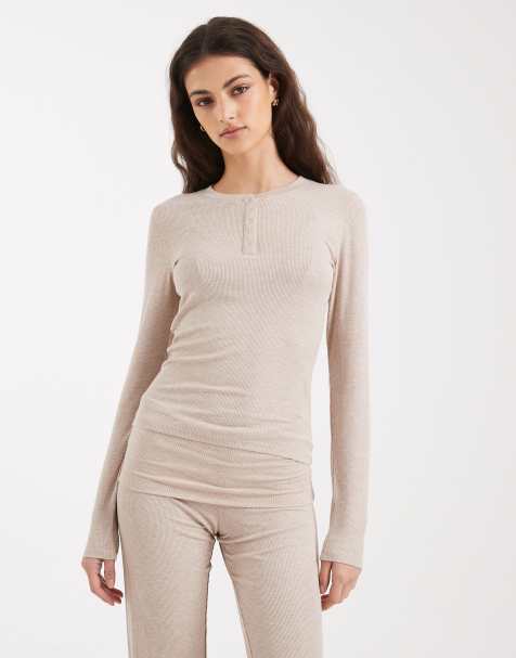 Top color sésamo jaspeado de manga larga con cuello panadero Sleep Recovery de Cotton On - view 1