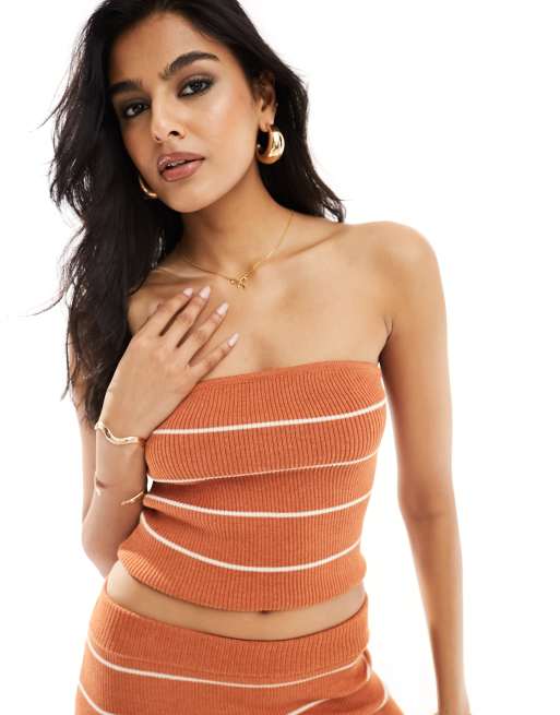 Top color terracota a rayas con escote palabra de honor de punto de Pretty Lavish (parte de un conjunto)
