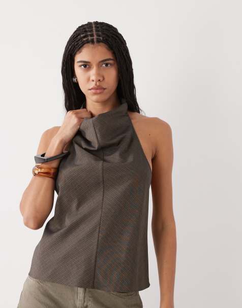 Top color topo oscuro con raya diplomática, cuello halter drapeado y espalda escotada de Weekday - view 1