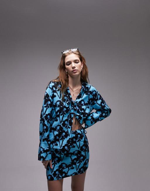 Top color turquesa de manga larga con lazada y diseño estampado de Topshop (parte de un conjunto) 