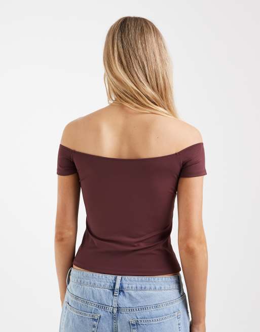 Top color uva moldeador de manga corta con escote Bardot de ASOS DESIGN, 3 de 4