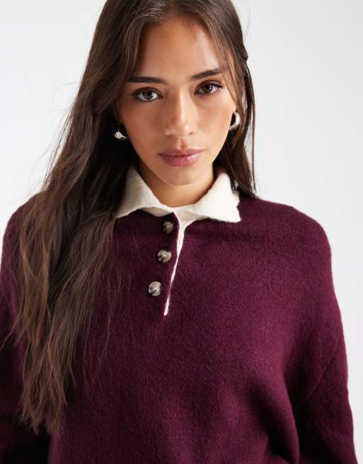 Top color vino de estilo polo de rugby de punto de ASOS DESIGN, 2 de 4