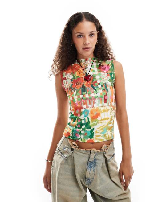 Top con cuello alto y estampado floral abstracto de tejido texturizado de Reclaimed Vintage