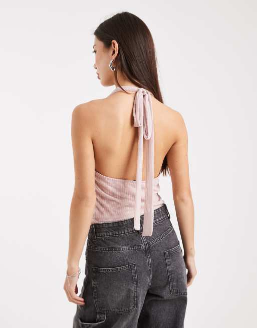 Top con cuello halter desbocado y acabado de purpurina de Miss Selfridge, 3 de 4